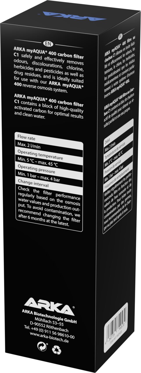 ARKA myAQUA 400 Carbon Filter C1 für Umkehrosmoseanlagen, Aktivkohlefilter für sauberes Wasser, Wechsel alle 6 Monate.