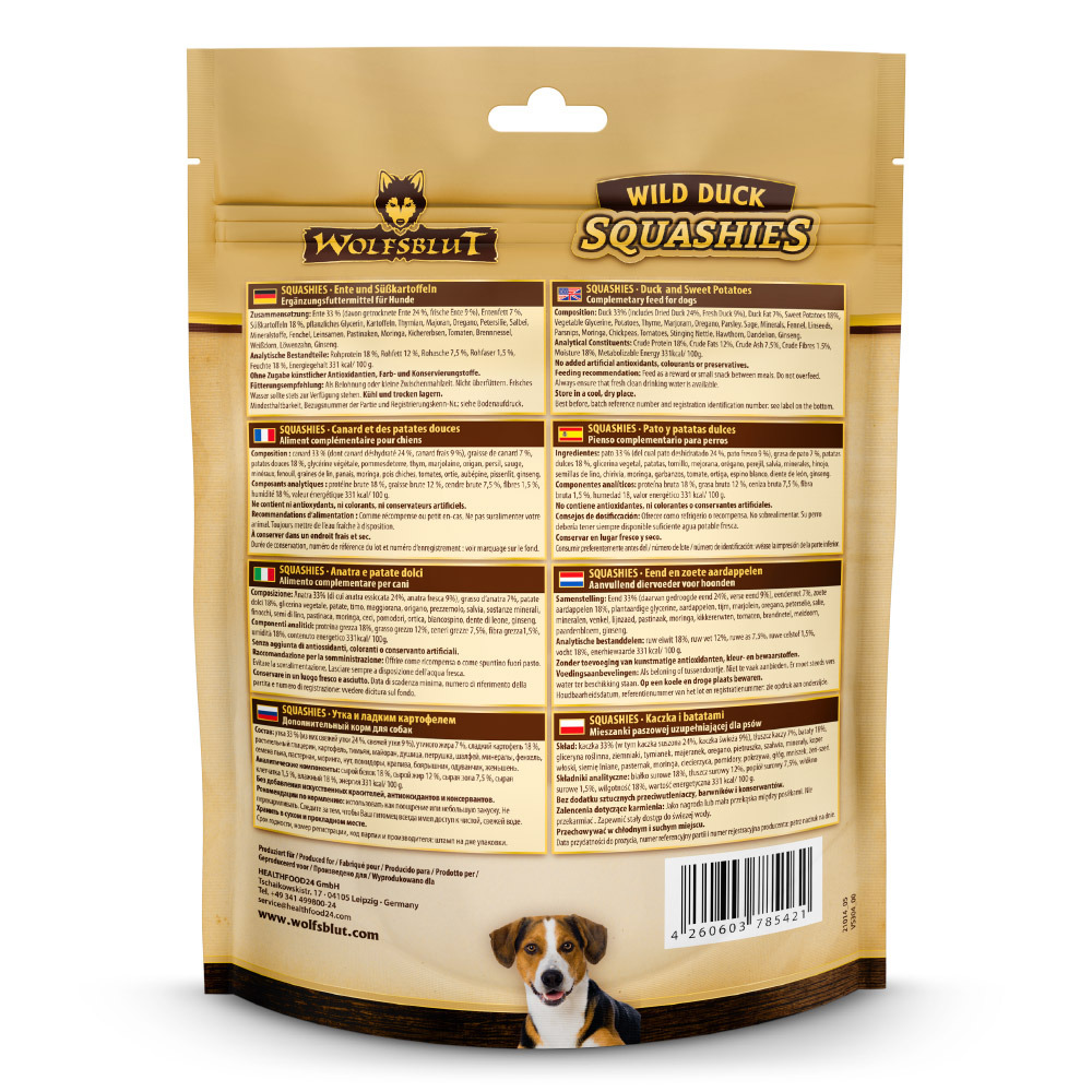 Wolfsblut Wild Duck Squashies, Ergänzungsfutter f. Hunde, Geschmack Ente & Süßkartoffel, Infos zu Inhaltsstoffen & Fütterungshinweisen.