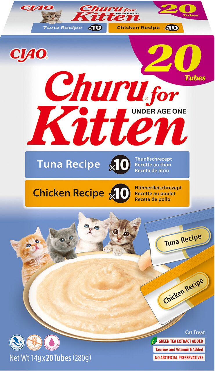 CIAO Churu for Kitten, Snacks für Katzenbabys bis 1 Jahr, Thunfisch- und Huhn-Geschmack, 20 Tuben à 14 g, ohne künstliche Zusätze.