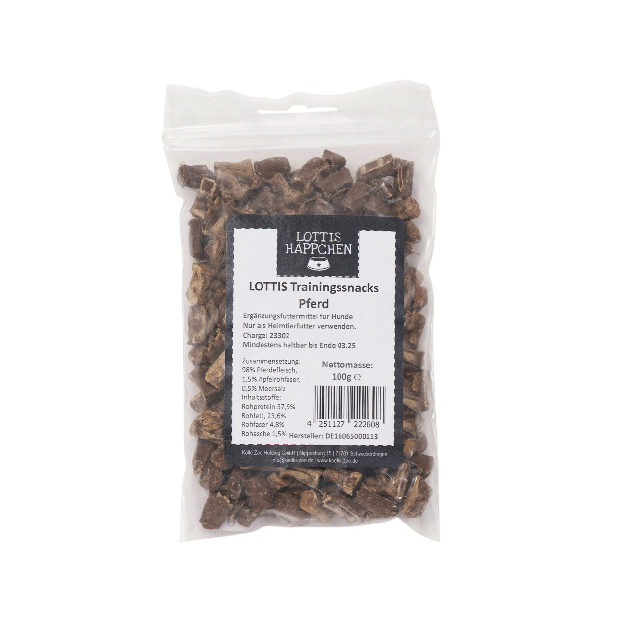 Das Bild zeigt eine transparente Verpackung mit der Aufschrift „LOTTIS HÄPPCHEN LOTTIS Trainingssnacks Pferd“. Es handelt sich um ein Ergänzungsfuttermittel für Hunde. Die Zielgruppe sind Hundehalter, die ihren Tieren Snacks mit Pferdefleisch anbieten möc
