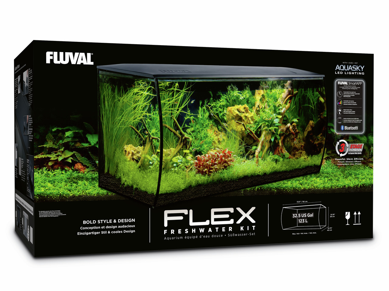 Fluval Flex Süßwasser-Aquarium-Set, 123 L, modernes Design, Aquasky-LED mit Bluetooth, 3-stufiges Filtersystem, für Aquaristik-Fans.