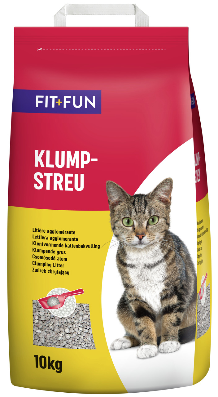 Fit+Fun Klumpstreu, Katzenstreu für Katzenhalter, 10 kg, klumpend, rote/gelbe Verpackung mit Katze & Schaufel.