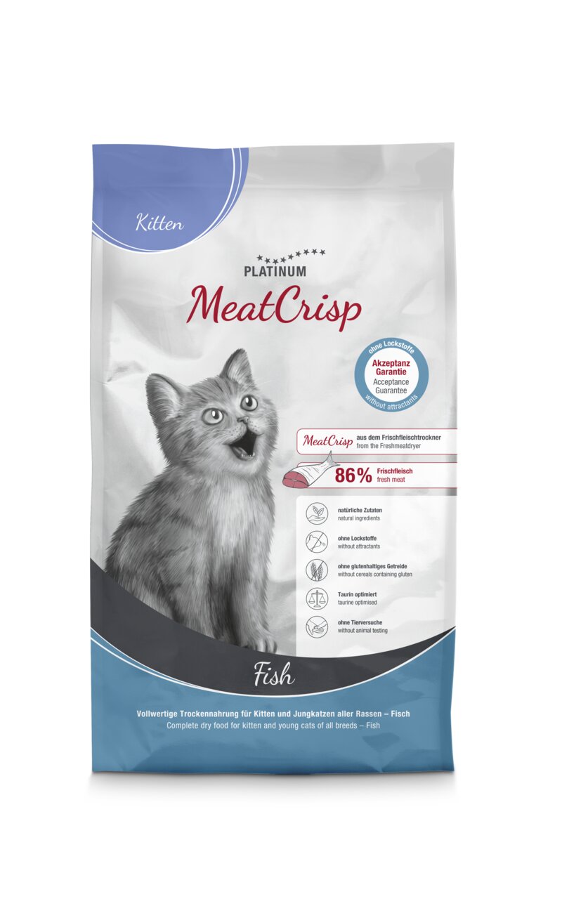 PLATINUM MeatCrisp Kitten Fish, Trockenfutter für Kitten und Jungkatzen, Fisch, 86 % Frischfleisch, ohne Lockstoffe