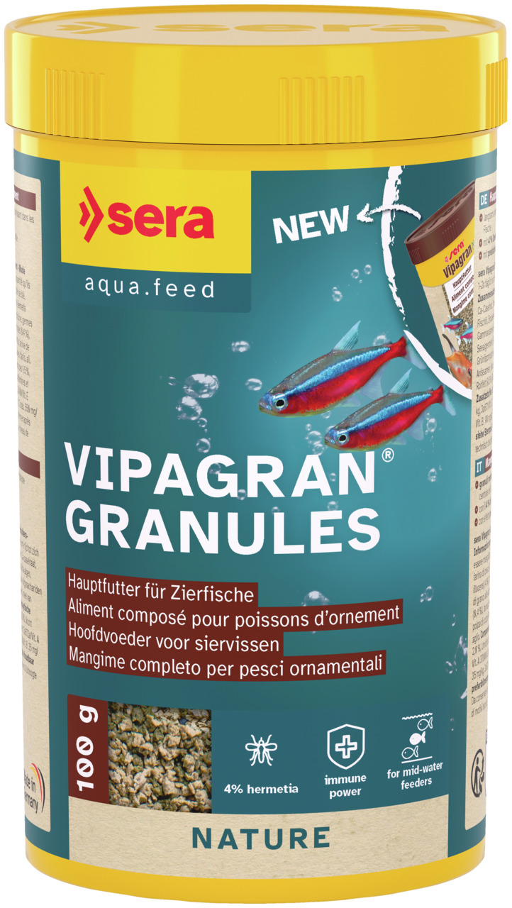 sera Vipagran Nature, Hauptfutter f. Zierfische (100 g), mit 4 % Hermetia, fördert Immunabwehr, ohne Farb- u. Konservierungsstoffe.