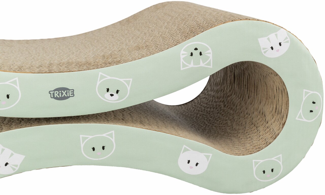 Das Bild zeigt den TRIXIE Kratzbogen für Katzen, ein hochwertiges Kratzmöbel aus Wellpappe in einer geschwungenen Form. Die Zielgruppe sind Katzen aller Altersgruppen. Das Design ist in Pastellgrün gehalten und mit niedlichen Katzengesichtern verziert. Id