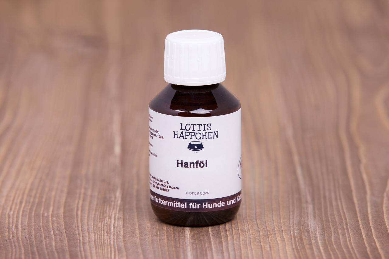 Braunes Glasfläschchen mit weißem Schraubverschluss, darauf das Logo und der Schriftzug „Lottis Häppchen“. Produktname: Hanföl. Ergänzungsfuttermittel für Hunde und Katzen. Inhalt: 100 ml. Steht auf einer Holzoberfläche. Fördert laut Hersteller die Gesund
