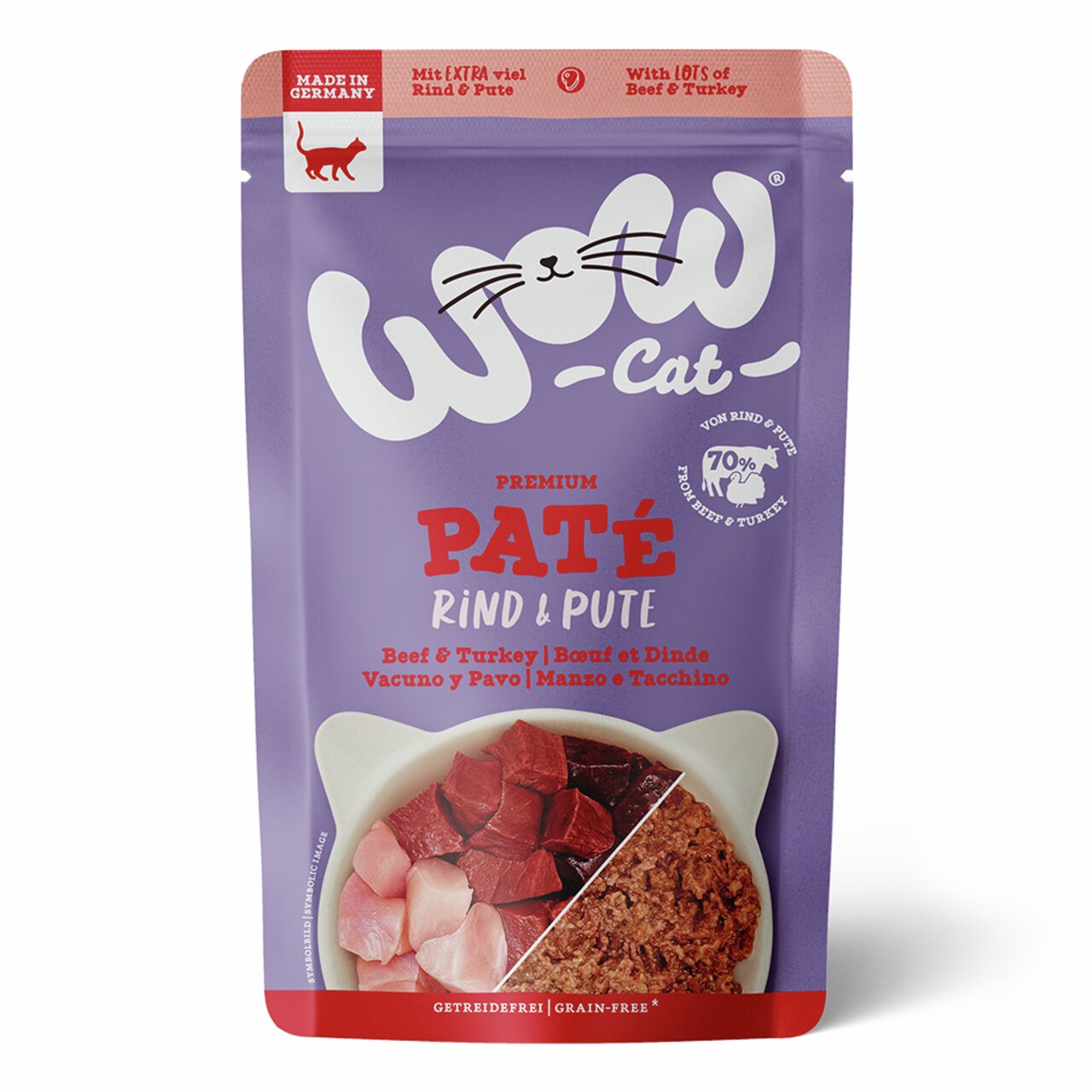 WOW CAT Premium Paté Rind & Pute, Katzen, getreidefreies Nassfutter, 70 % Fleisch, 85 g, hergestellt in Deutschland.