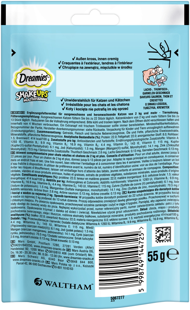 Dreamies Shake Ups Multivitamins, für Katzen/Kätzchen, knusprig-cremig, Lachs/Thunfisch/Garnelen, 55 g.