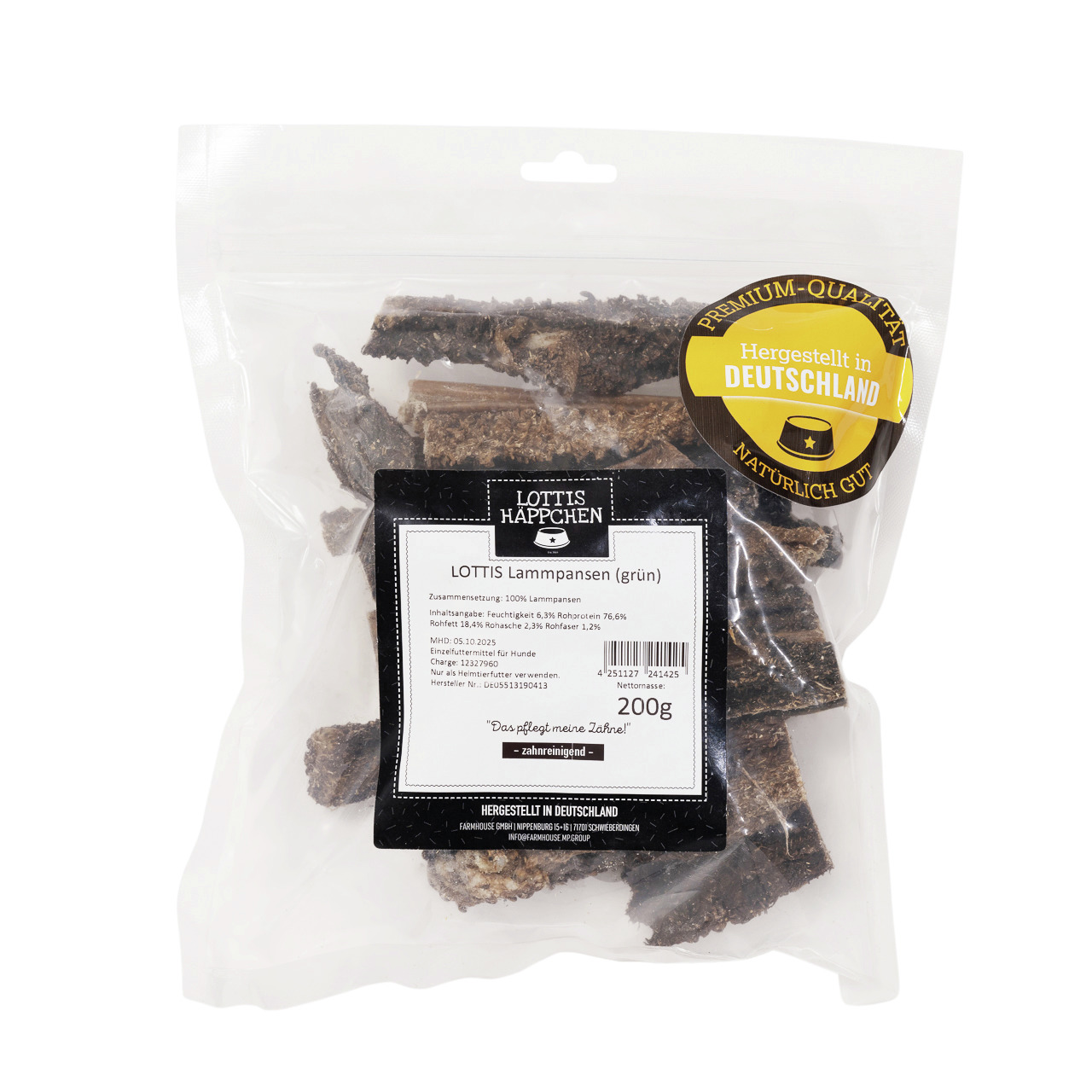 LOTTIS HÄPPCHEN, 200 g grüne Lammpansen, natürl. Kausnack für Hunde, Premium-Qualität, 100 % Lammpansen, zahnpflegend, Made in Germany.