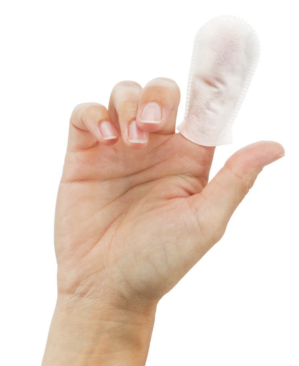 Das Bild zeigt eine Hand, die einen weißen Fingerling aus Baumwolle hält, der speziell für die Zahnpflege von Haustieren entwickelt wurde. Es handelt sich um das Produkt „TRIXIE Finger-Zahnbürste“ für Hunde und Katzen. Der Fingerling ermöglicht eine sanft