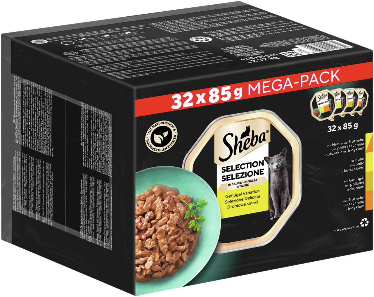 Sheba Selection in Sauce – Geflügel Variation, Katzenfutter, Geflügel, hochwertige Zutaten, Mega-Pack 32x85g.