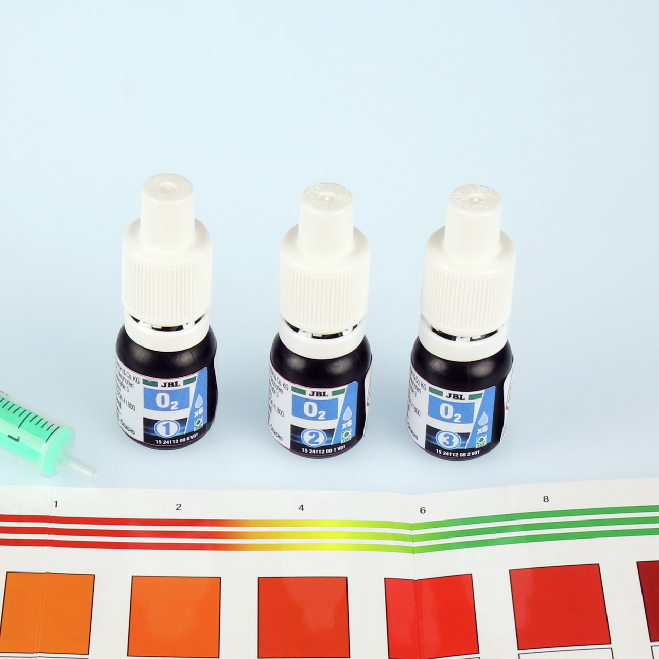 JBL O2 Sauerstoff-Test-Set für Aquarien/Teiche, inkl. 3 Tropfflaschen, Dosierspritze & Farbskala zur O2-Bestimmung.