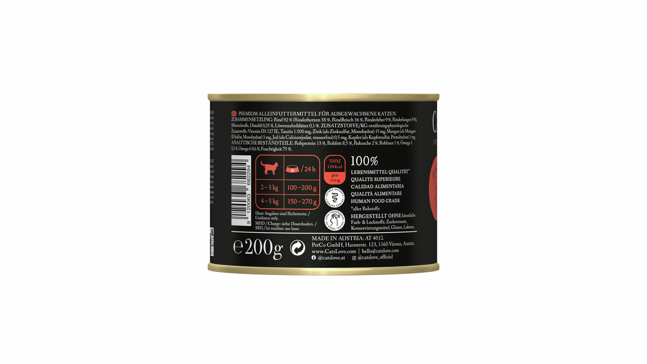 Das Bild zeigt eine 200 g-Dose des Premium-Katzenfutters „Cat's Love“ für ausgewachsene Katzen. Die Geschmacksrichtung ist Rind, und das Produkt richtet sich an Katzenhalter, die Wert auf hochwertige, natürliche Zutaten legen. Es ist in Lebensmittelqualit