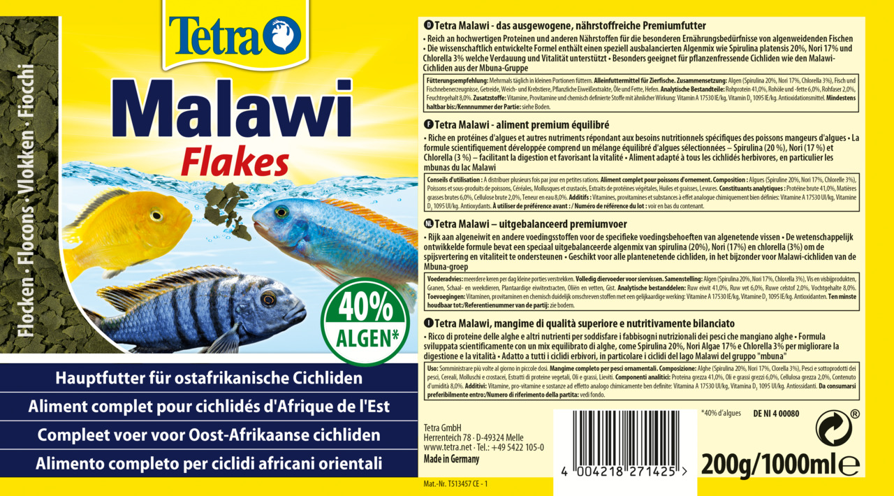 Tetra Malawi Flakes, Hauptfutter für ostafrikanische Cichliden, 40 % Algen, für pflanzenfressende Malawi-Cichliden, 200 g/1000 ml.