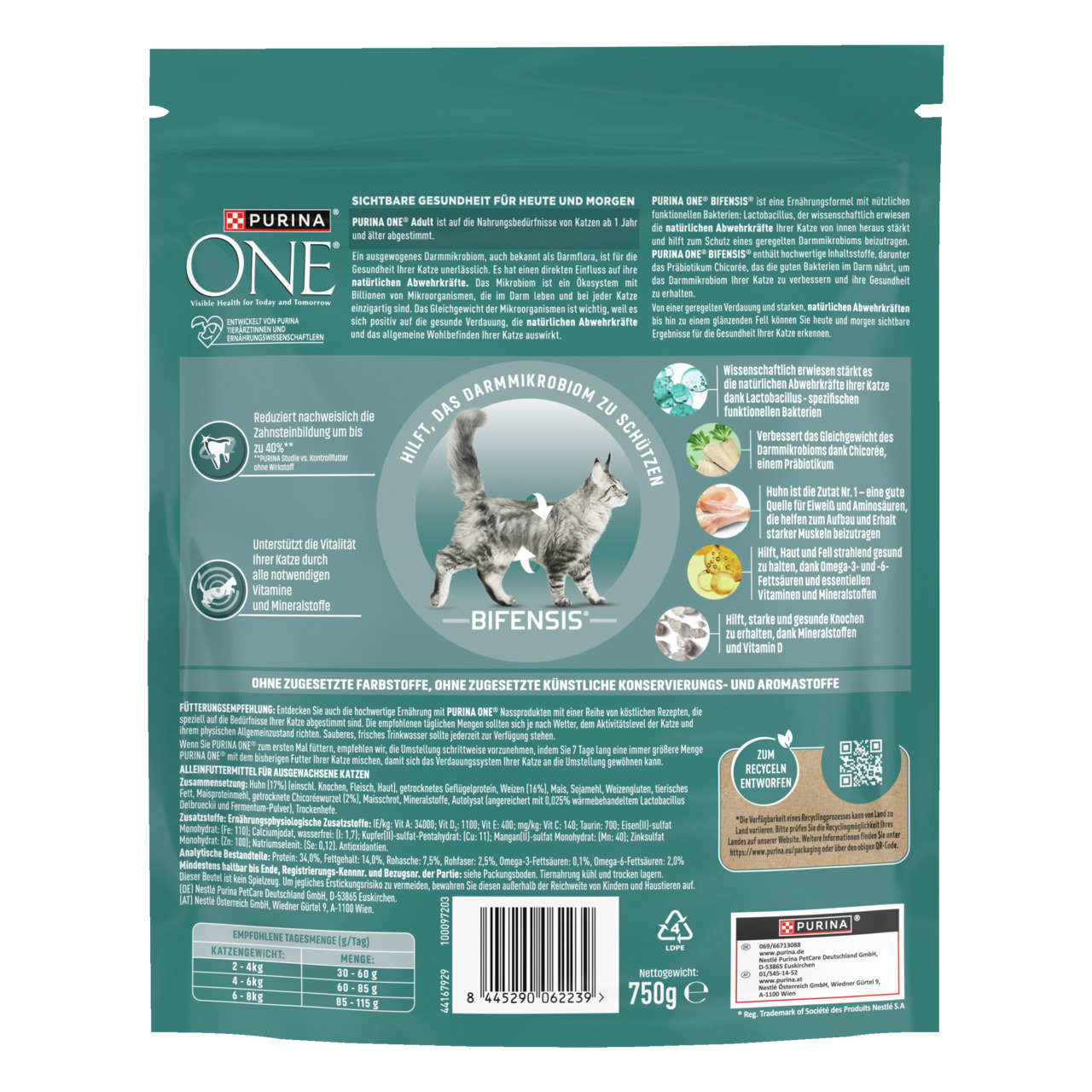 Purina ONE Bifensis Adult Katzenfutter, Huhn & Vollkorn, ab 1 Jahr, 750 g, unterstützt Immunsystem, gesunde Zähne & Vitalität.