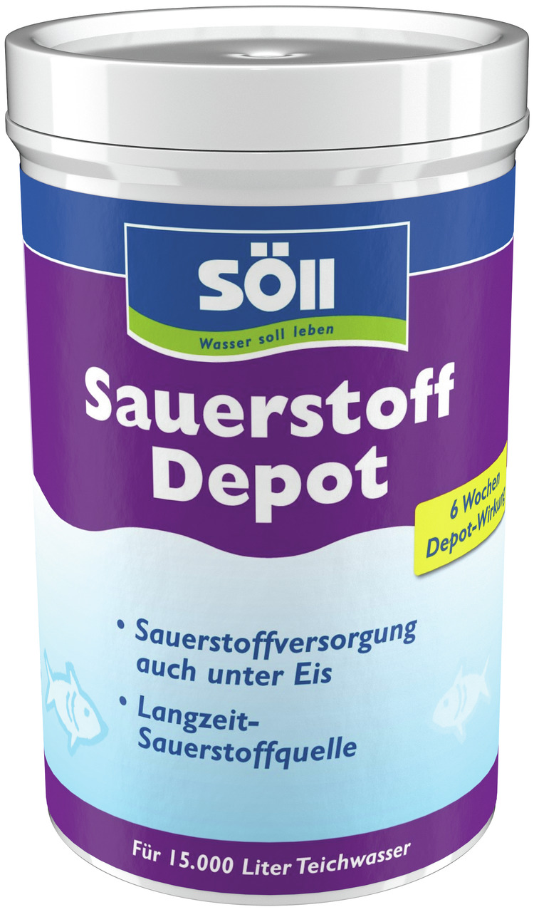 Das Bild zeigt eine Dose des Produkts „Söll Sauerstoff Depot“. Es handelt sich um ein Produkt für Teichbesitzer, das eine Langzeit-Sauerstoffquelle bietet und die Sauerstoffversorgung auch unter Eis gewährleistet. Die Dose hat eine violette und blaue Gest