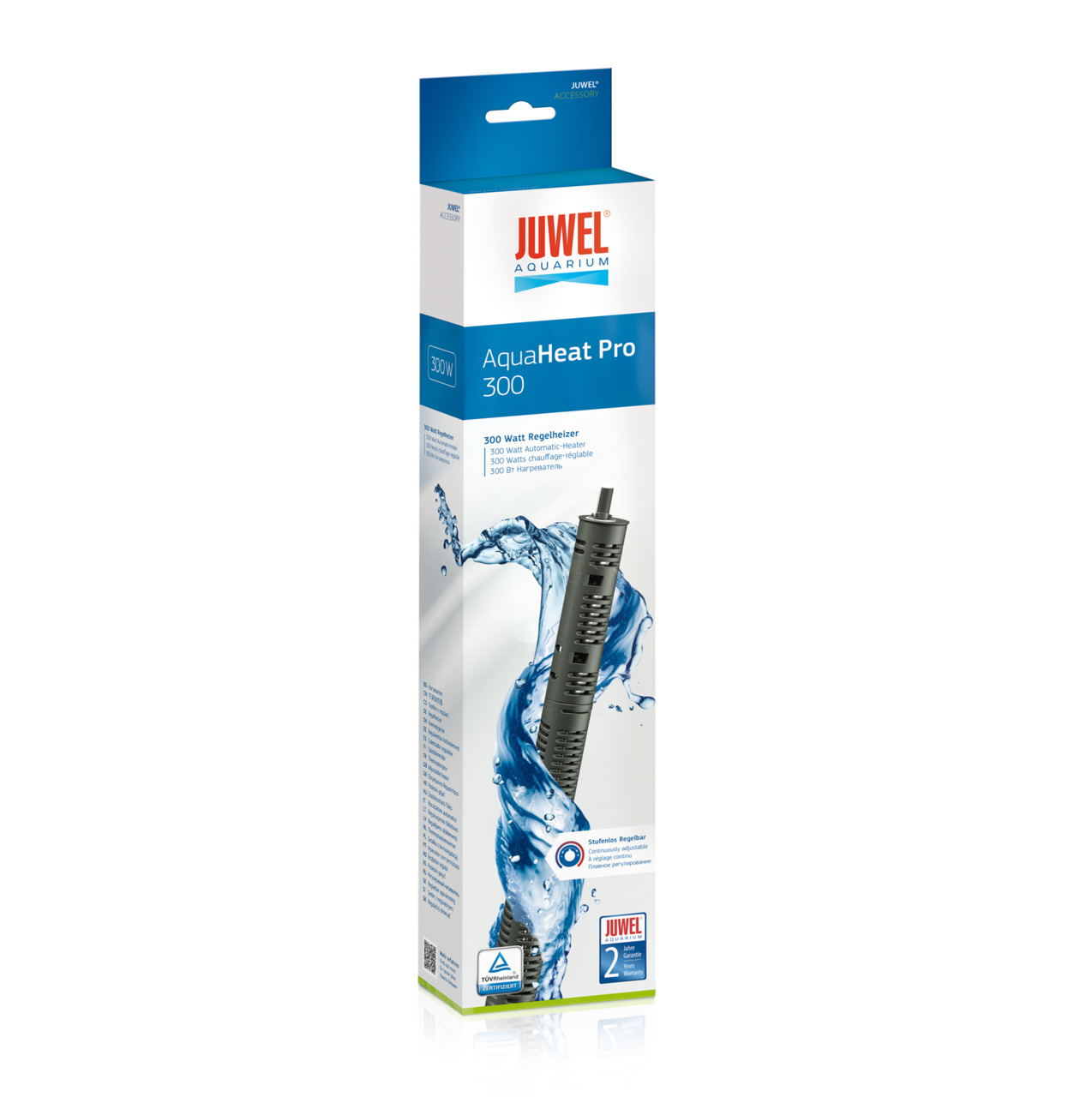 Das Bild zeigt den JUWEL AquaHeat Pro 300, einen 300-Watt-Regelheizer für Aquarien. Die Verpackung ist in Blau und Weiß gestaltet und zeigt den Heizer, der von spritzendem Wasser umgeben ist. Geeignet für Aquarienbesitzer, bietet das Produkt präzise Tempe