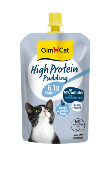 GimCat High Protein Pudding für Katzen: 6,1 g Protein, 90 % Vollmilch, laktosereduziert, Energie+Immunsystem, 150 g, Made in Germany.