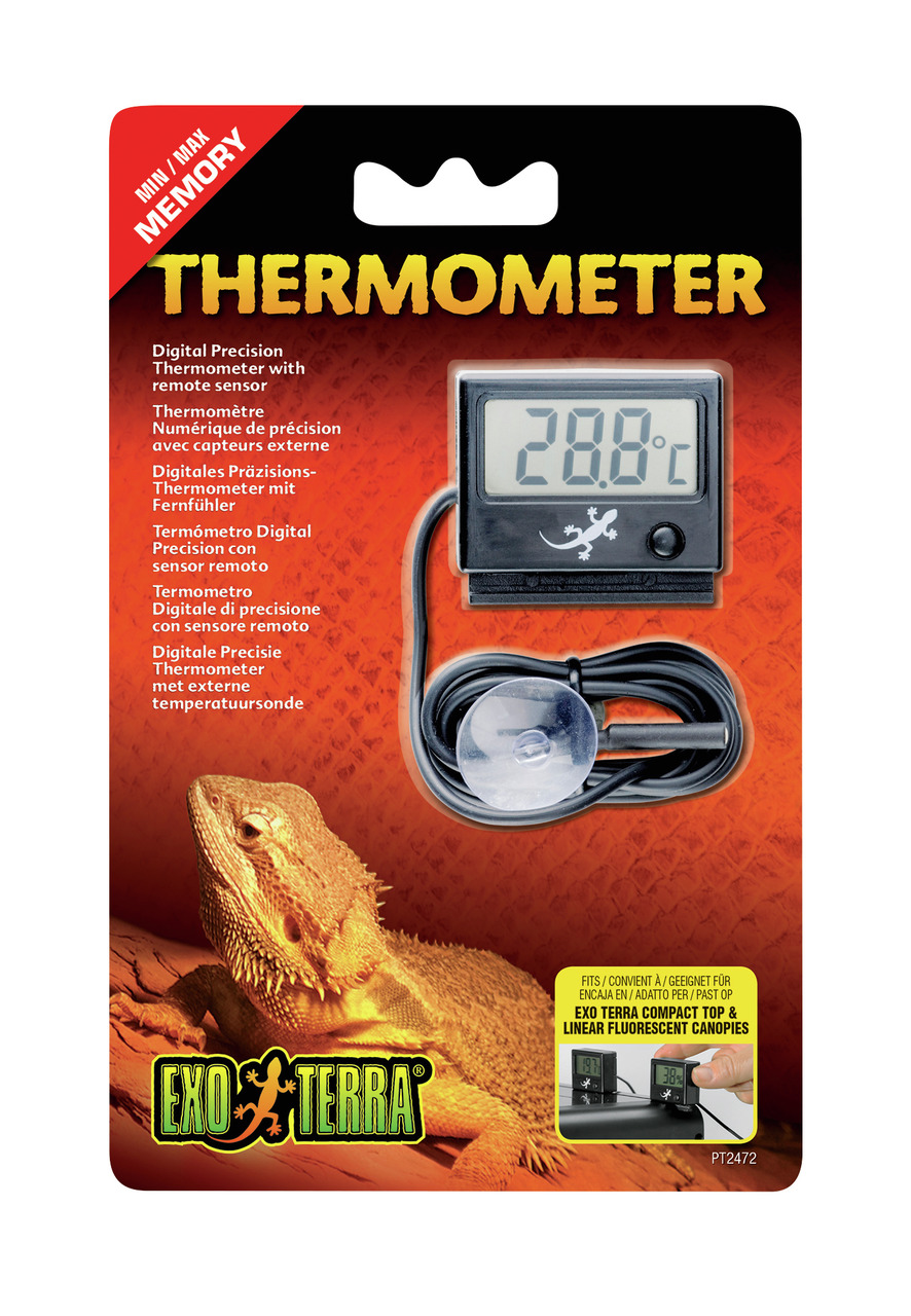 Exo Terra Digitales Präzisions-Thermometer, Reptilien, Min--Max-Speicher, Fernfühler, präzise Messung, Kabel+Saugnapf, Bartagame.