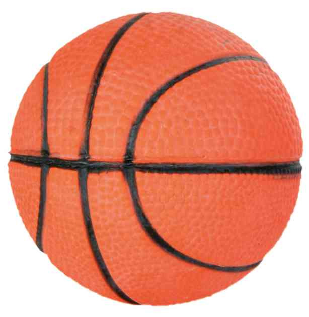 Das Bild zeigt den TRIXIE Hundespielzeug-Basketball, ein orangefarbenes Spielzeug in Basketball-Optik mit schwarzen Linien. Es ist speziell für Hunde entwickelt und eignet sich ideal für Apportierspiele. Zielgruppe sind Hunde aller Größen. Der Ball besteh