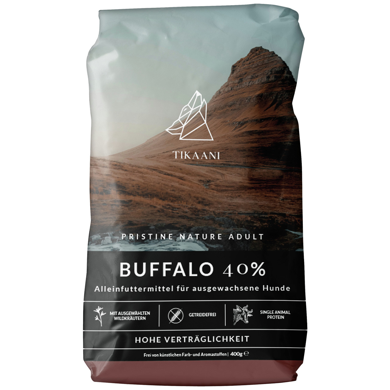 TIKAANI Pristine Nature Adult Buffalo 40 %, Alleinfutter f. Hunde, Büffel, getreidefrei, 400 g, mit Wildkräutern, hohe Verträglichkeit.