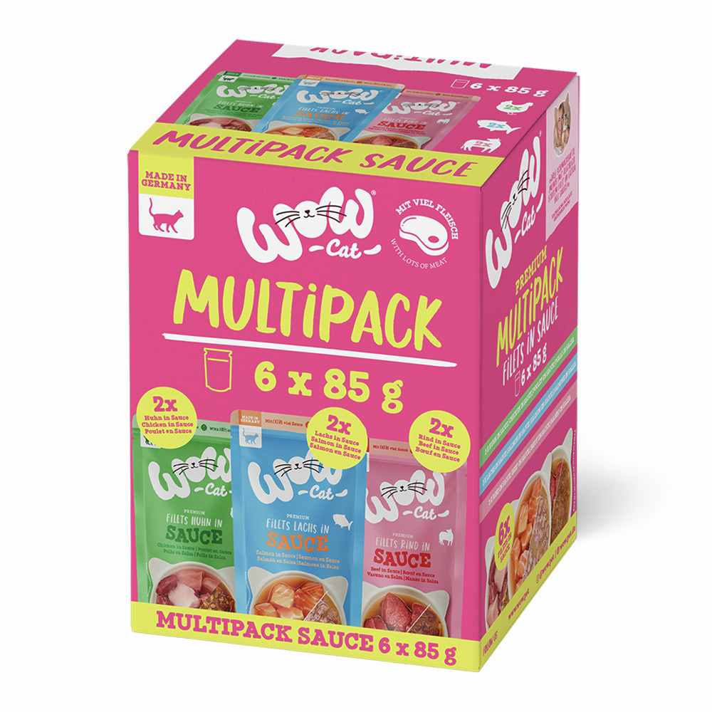 WOW CAT Katzenfutter, Filets in Sauce, Sorten Huhn/Lachs/Rind, 6x85g, „Mit viel Fleisch“, „Made in Germany“, pinke Verpackung.