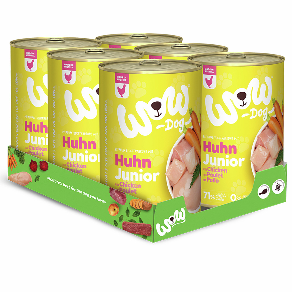 Das Bild zeigt eine Produktverpackung von „WOW DOG Huhn Junior“, einem Premium-Feuchtfutter für junge Hunde. Die Geschmacksrichtung ist Huhn, und die Verpackung enthält sechs Dosen. Jede Dose hat einen Fleischanteil von 71 %. Das Produkt ist „Made in Aust