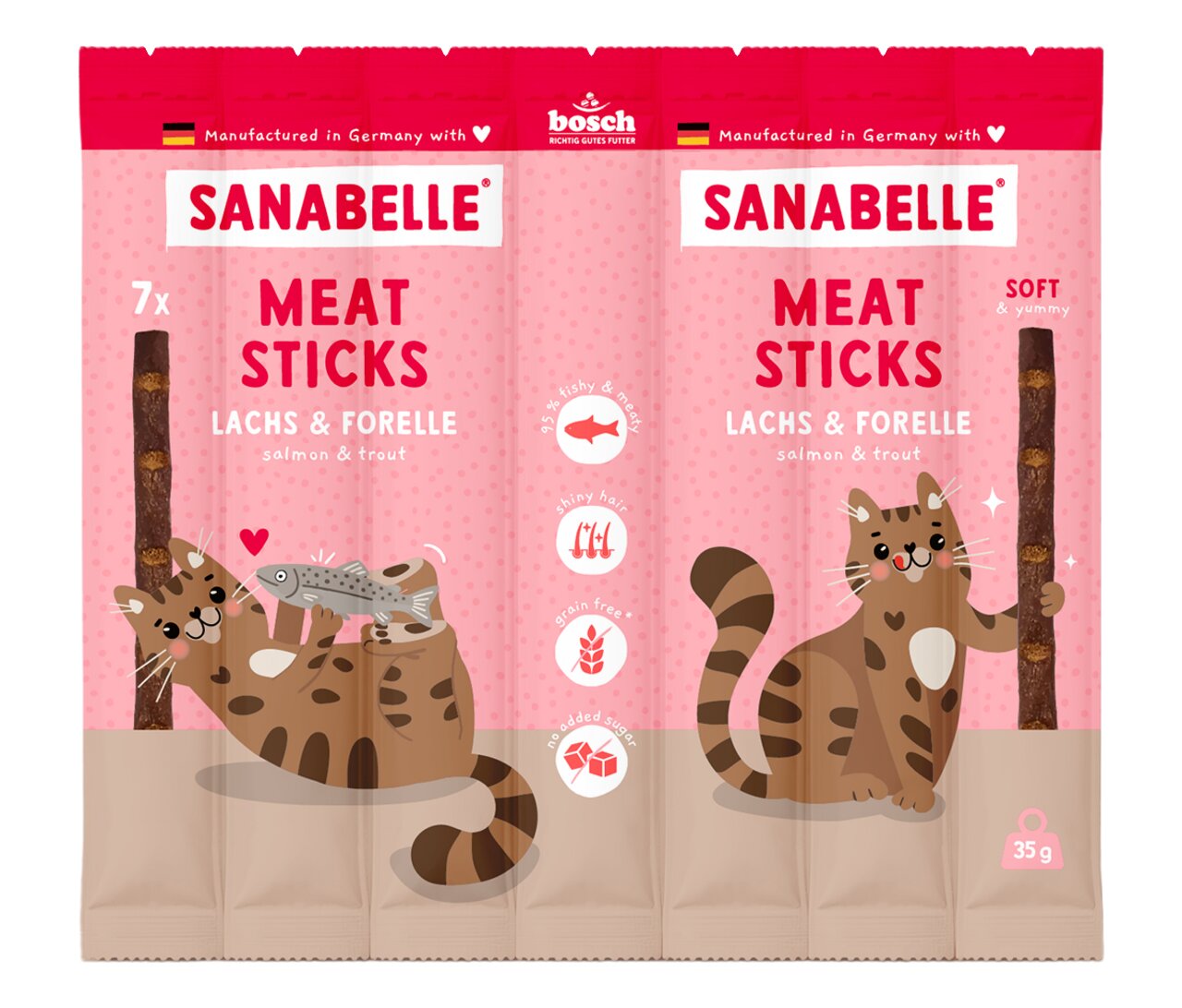 Sanabelle Meat Sticks für Katzen, Geschmack Lachs & Forelle, 35 g, ohne Getreide, 95 % Fisch & Fleisch, unterstützt glänzendes Fell.