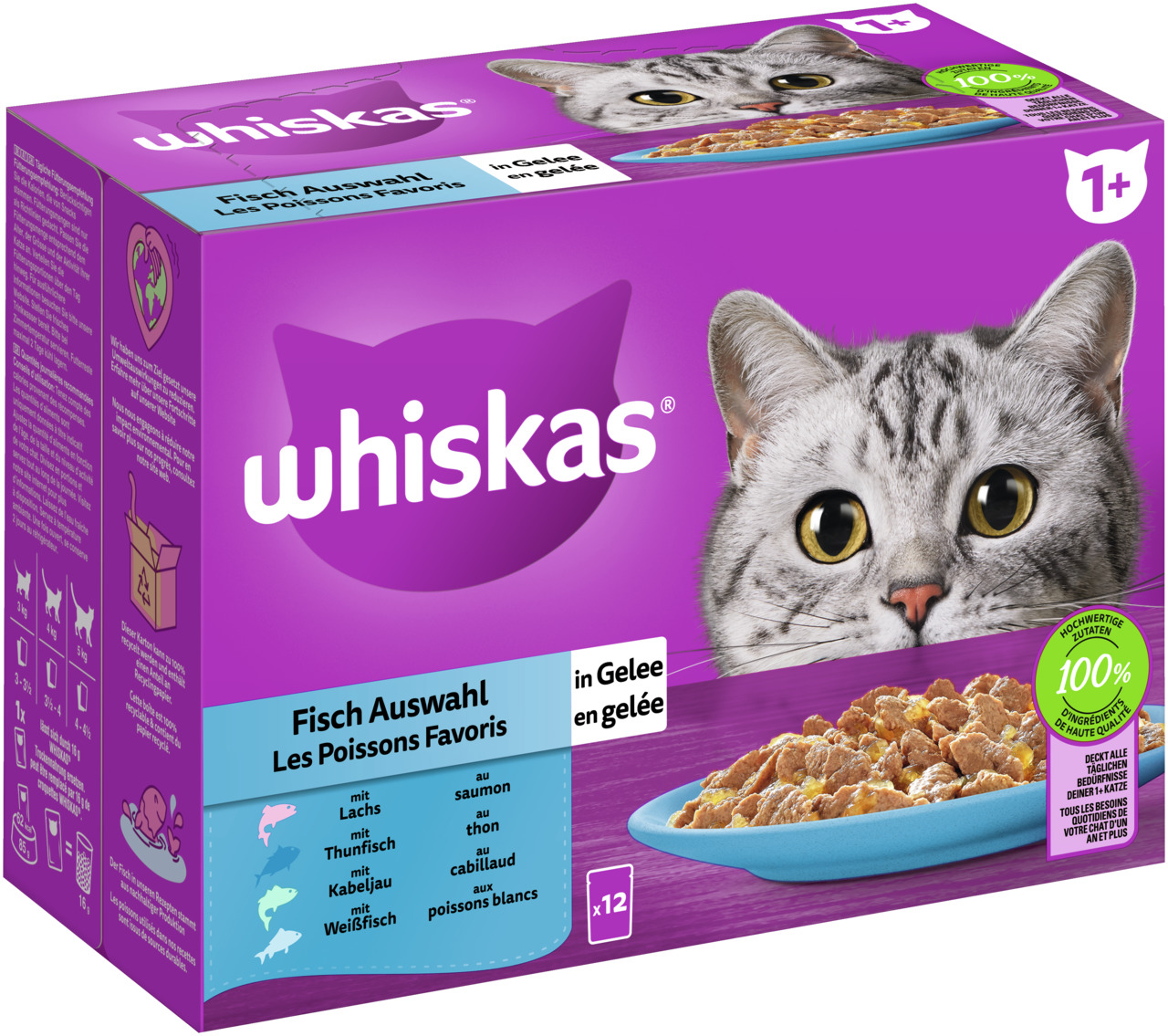 Das Bild zeigt eine Verpackung von Whiskas Katzenfutter, geeignet für Katzen ab 1 Jahr. Es handelt sich um eine Fisch-Auswahl in Gelee mit den Sorten Lachs, Thunfisch, Kabeljau und Weißfisch. Die Packung enthält 12 Portionen. Die Marke wirbt mit hochwerti