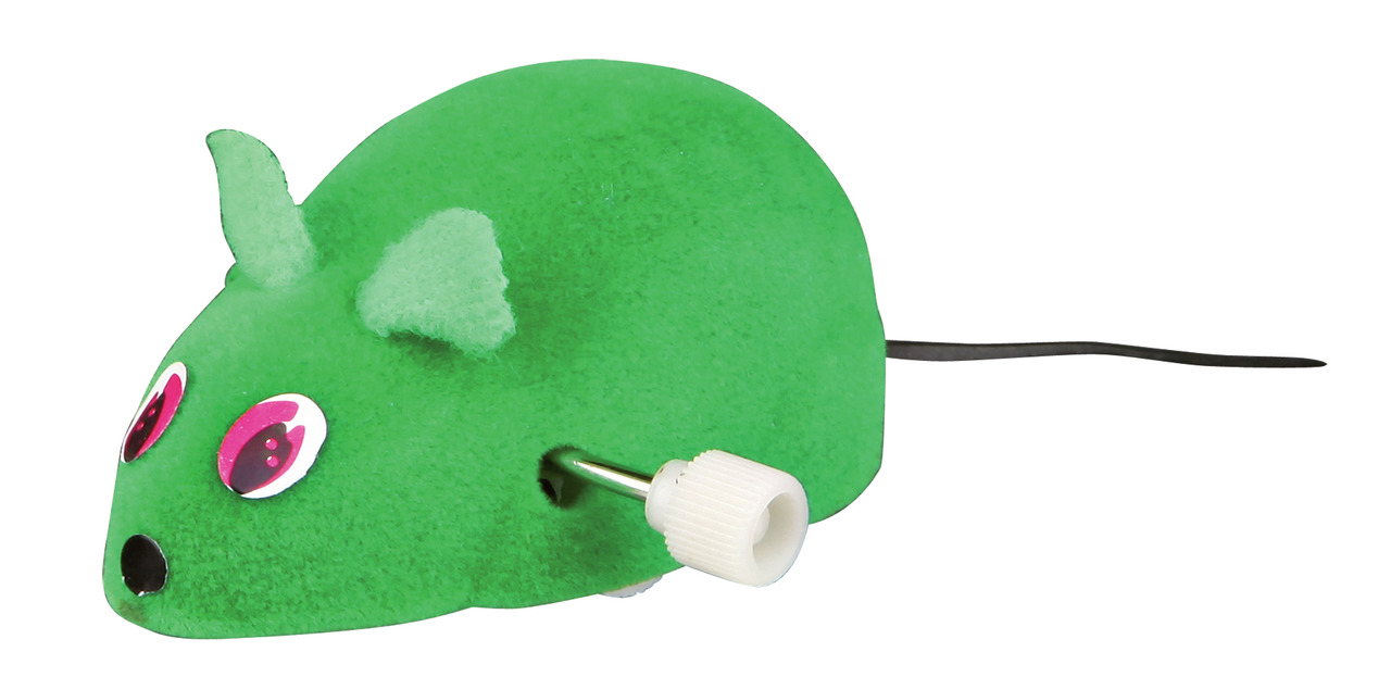TRIXIE Spielmaus mit Aufziehmechanismus für Katzen, grüne Filzmaus mit pinken Augen, weichen Ohren, schwarzem Schwanz, fördert Spieltrieb.