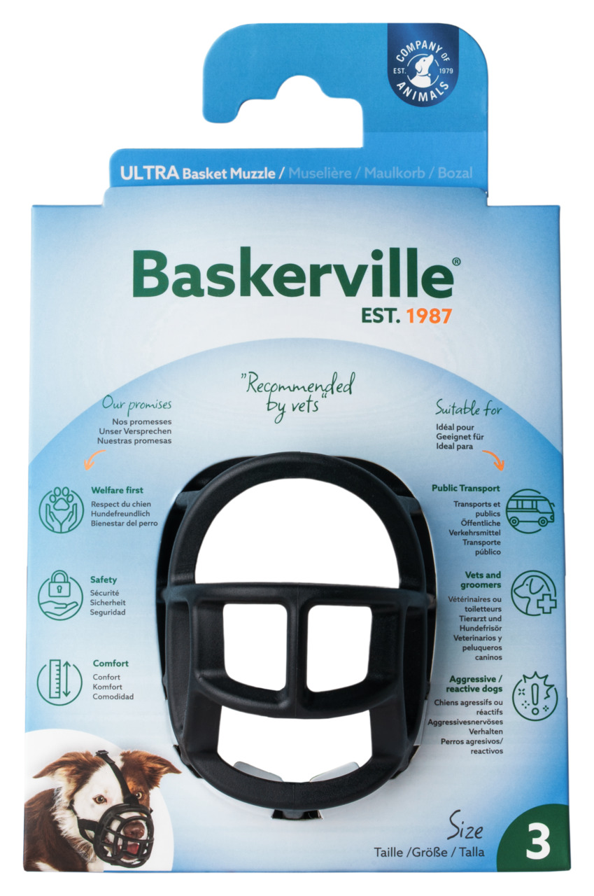 Baskerville Ultra Muzzle, Gr. 3, für Hunde, schwarz, robustes flexibles Material, verstellbare Nylonriemen, Komfort & Sicherheit.