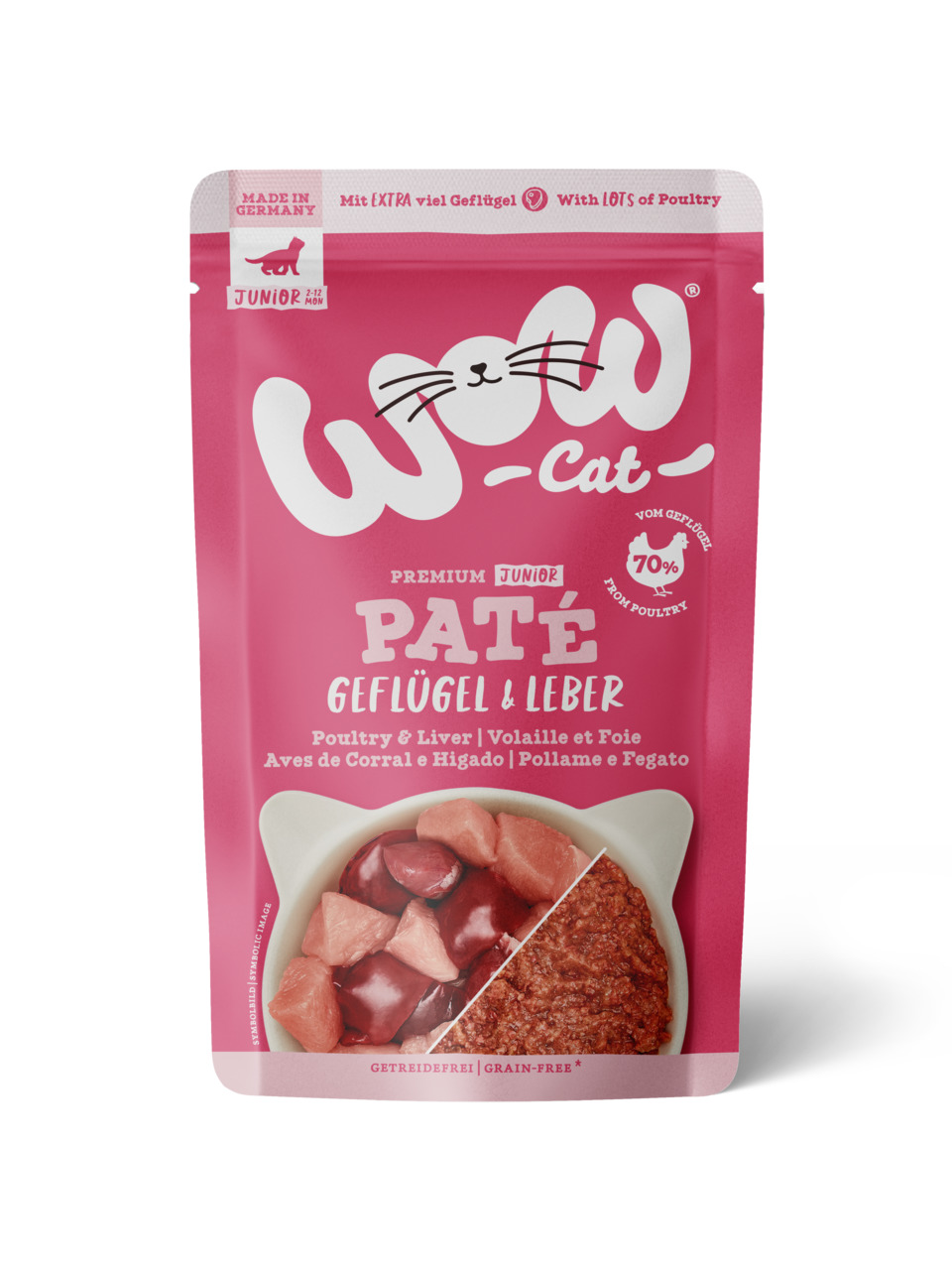 WOW CAT Premium Junior Paté Geflügel & Leber, für junge Katzen, 70 % Geflügel, getreidefrei, in Deutschland hergestellt.