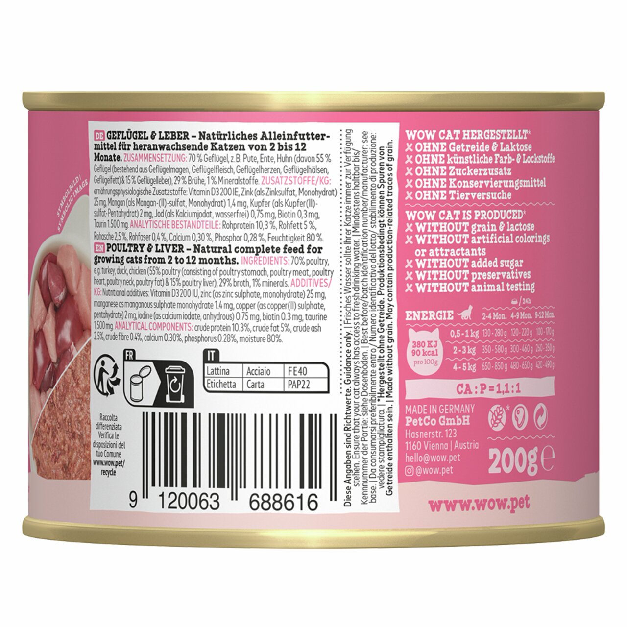 WOW CAT Geflügel & Leber Nassfutter für heranwachsende Katzen, ohne Getreide, 200 g, natürliches Alleinfuttermittel.