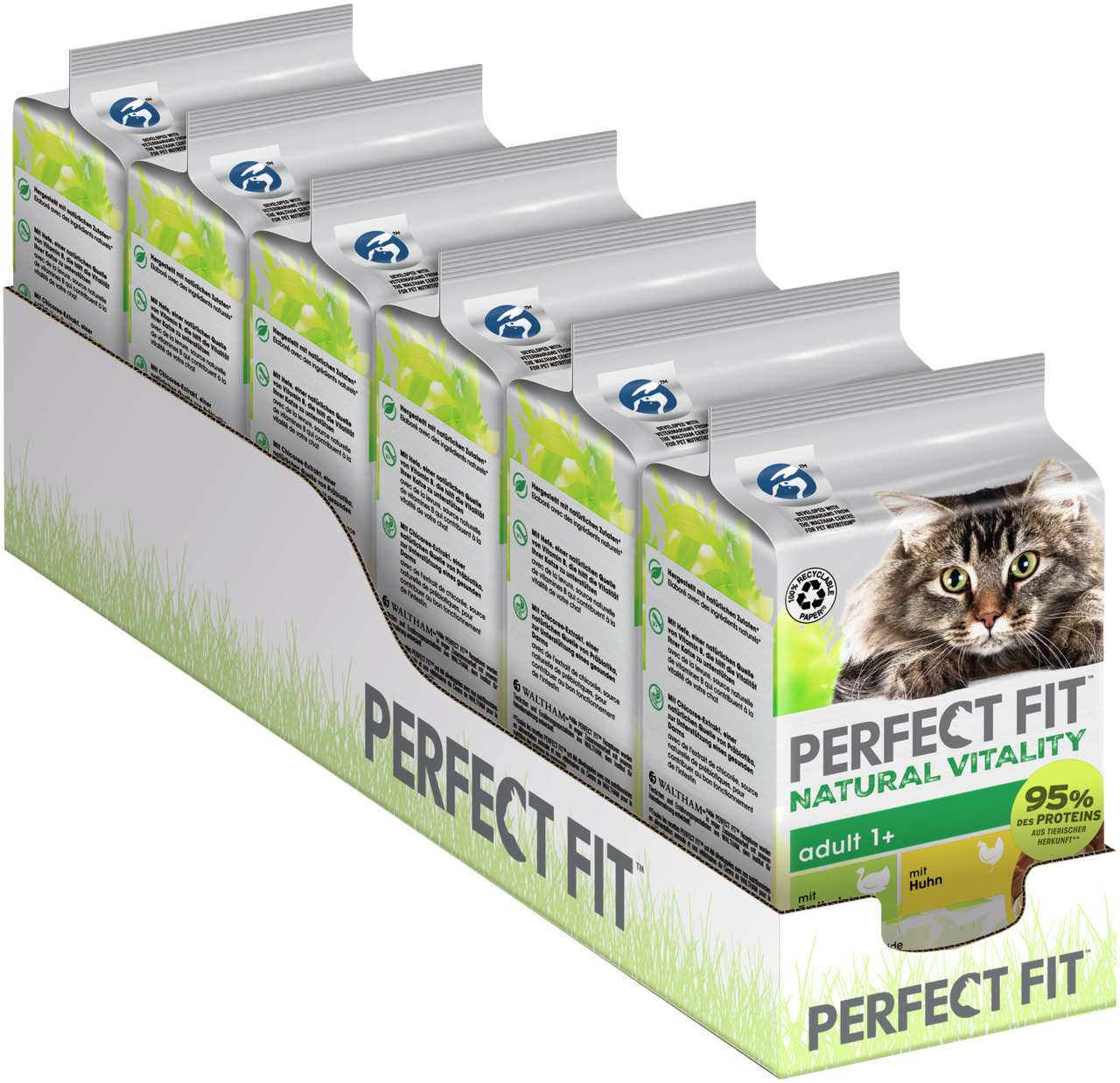 Perfect Fit Natural Vitality Katzenfutter, Huhn, für Katzen ab 1 Jahr, 95 % tierisches Protein, Multipack im Karton.