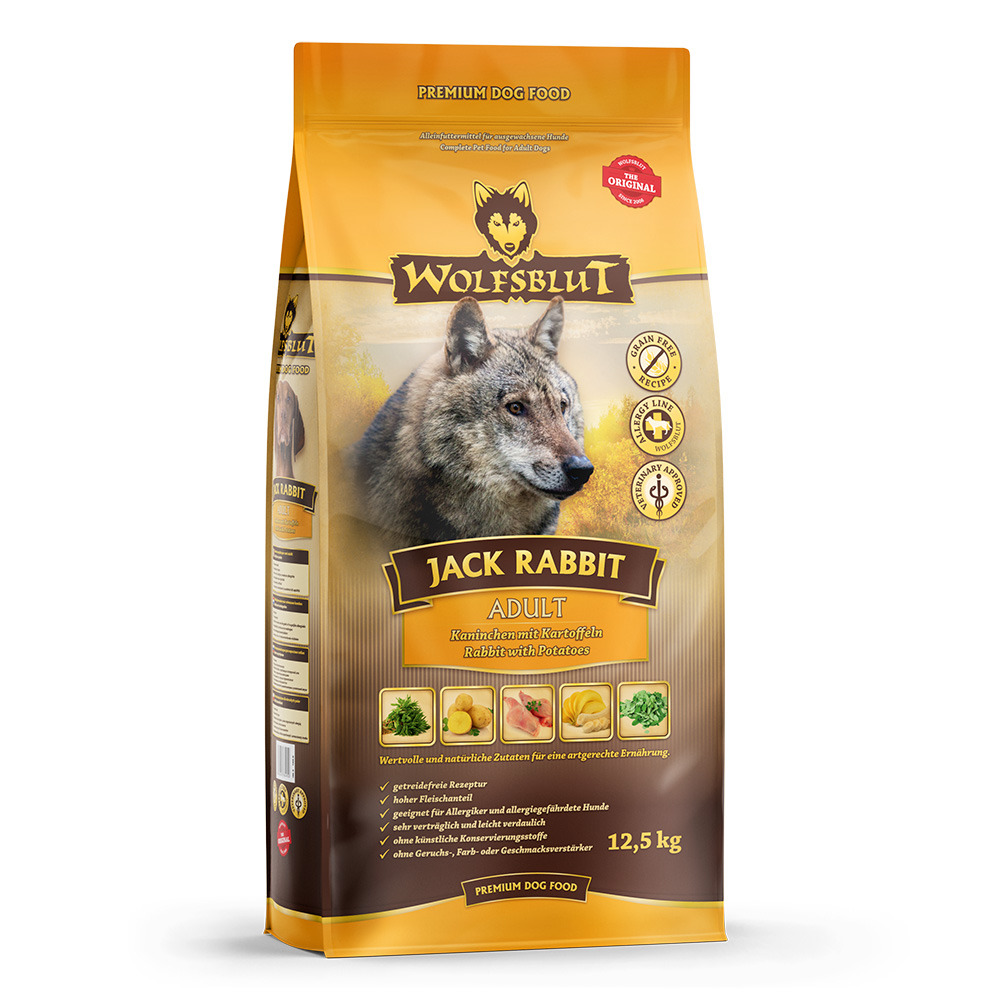Wolfsblut Jack Rabbit Adult, 12,5 kg, Kaninchen+Kartoffeln, getreidefrei, für ausgewachsene/allergieanfällige Hunde, Premium-Qualität.