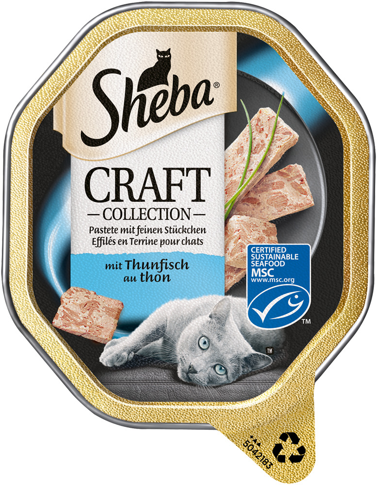 Sheba Craft Collection Katzenfutter, Thunfisch, feine Stückchen in Pastete, MSC-zertifiziert, 85 g.