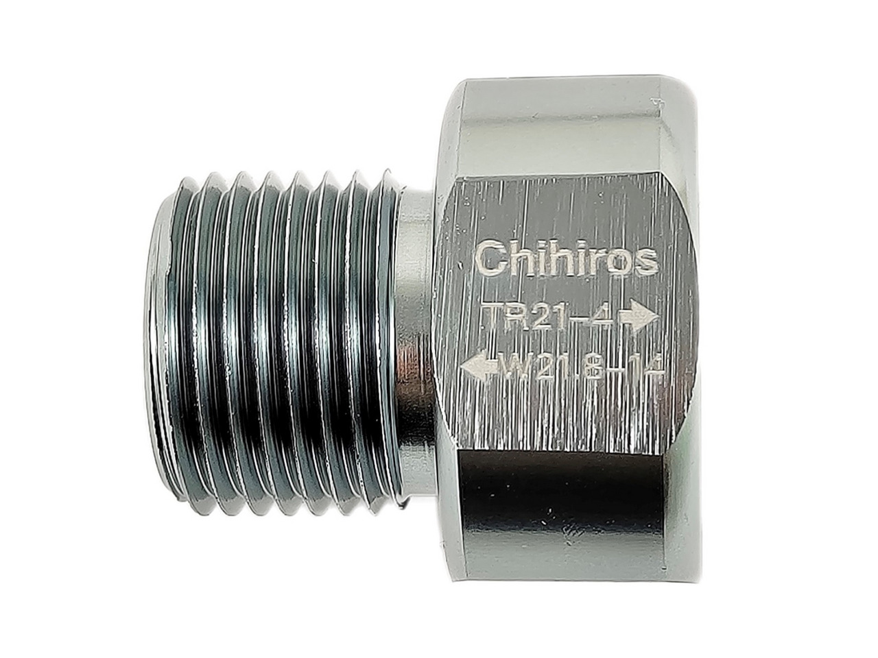 Chihiros Metalladapter, Gravuren „Chihiros“, „R21-4“, „W21.8-14“, für Aquaristik-CO2-Systeme, silberfarben, mit Gewindeanschlüssen.