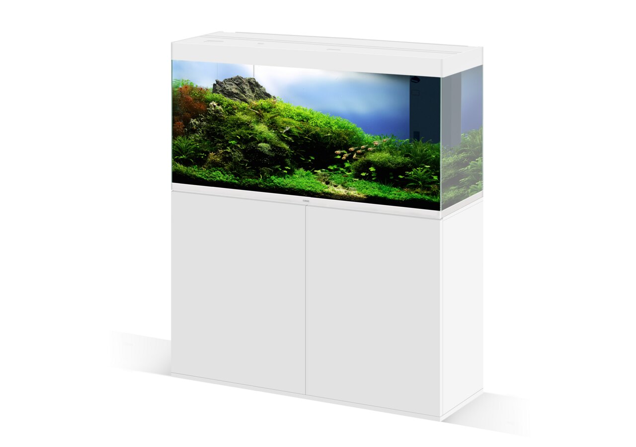 Ciano Emotions Pro 120 Aquarium-Set, ideal f. Aquaristik-Fans, rechteckig, kl. Glas, weißer Unterschrank, nat. Unterwasserdesign.