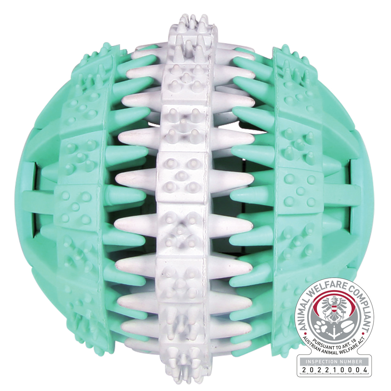 Das Bild zeigt den TRIXIE Dog Activity Dental Ball, ein Spielzeug für Hunde. Der Ball ist in Mintgrün und Weiß gestaltet und besitzt eine strukturierte Oberfläche mit Noppen und Rillen, die zur Zahnreinigung und Zahnfleischmassage beitragen. Geeignet für 