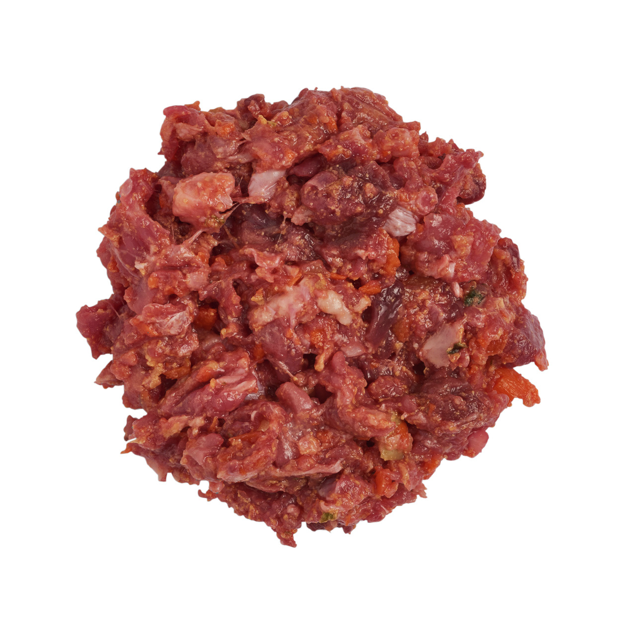 Das Bild zeigt eine Portion des Hundefutters „Lottis Häppchen“ in der Geschmacksrichtung Rind. Es handelt sich um ein hochwertiges, rohes BARF-Produkt für Hunde, das aus frischem Fleisch und natürlichen Zutaten besteht. Die Zielgruppe sind Hundehalter, di
