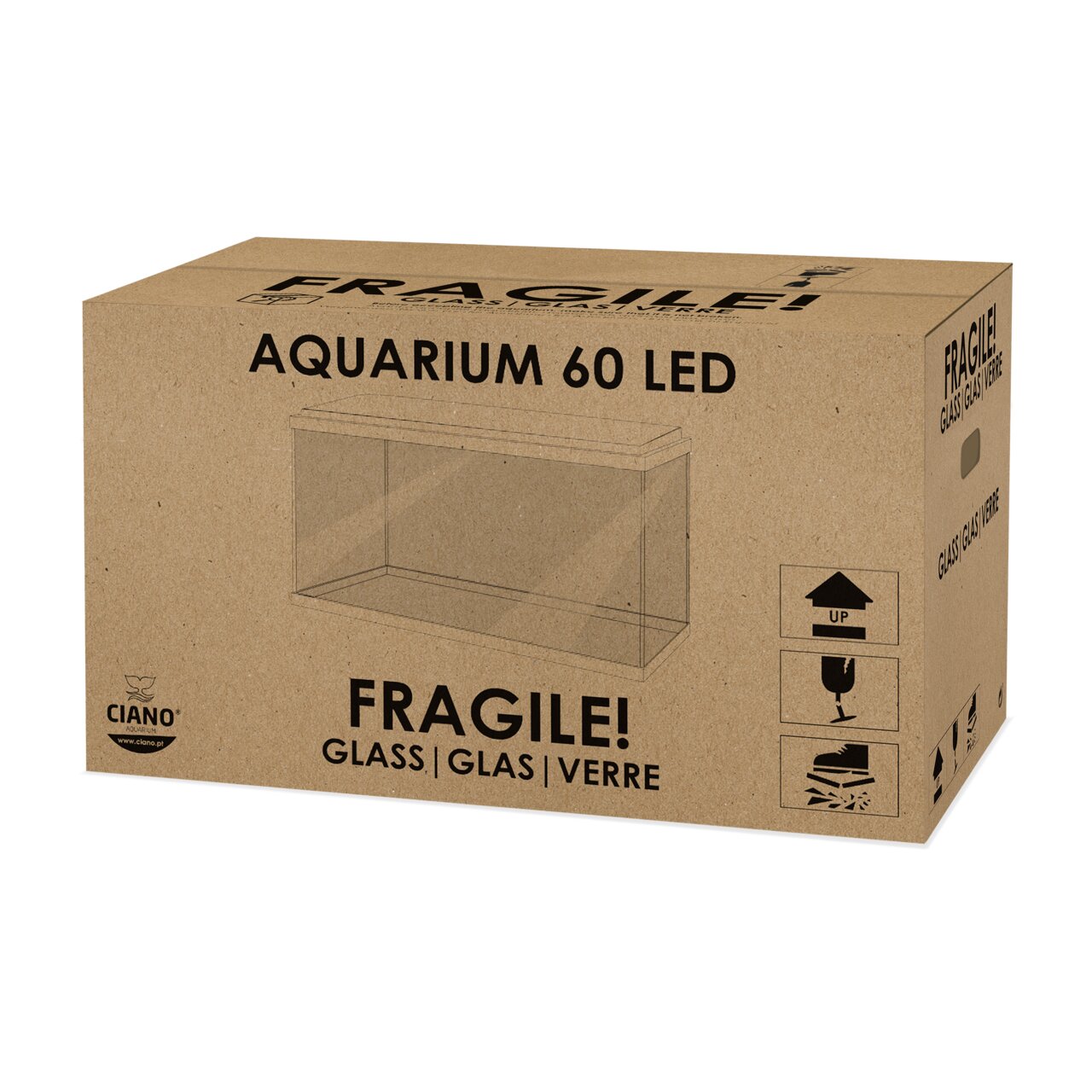Kartonverpackung des Produkts „Ciano Aquarium 60 LED“ mit der EAN 5607390542674. Die Verpackung zeigt eine schematische Darstellung des Aquariums, das aus Glas besteht. Geeignet für Aquaristik-Enthusiasten, enthält es eine LED-Beleuchtung. Aufdrucke warne