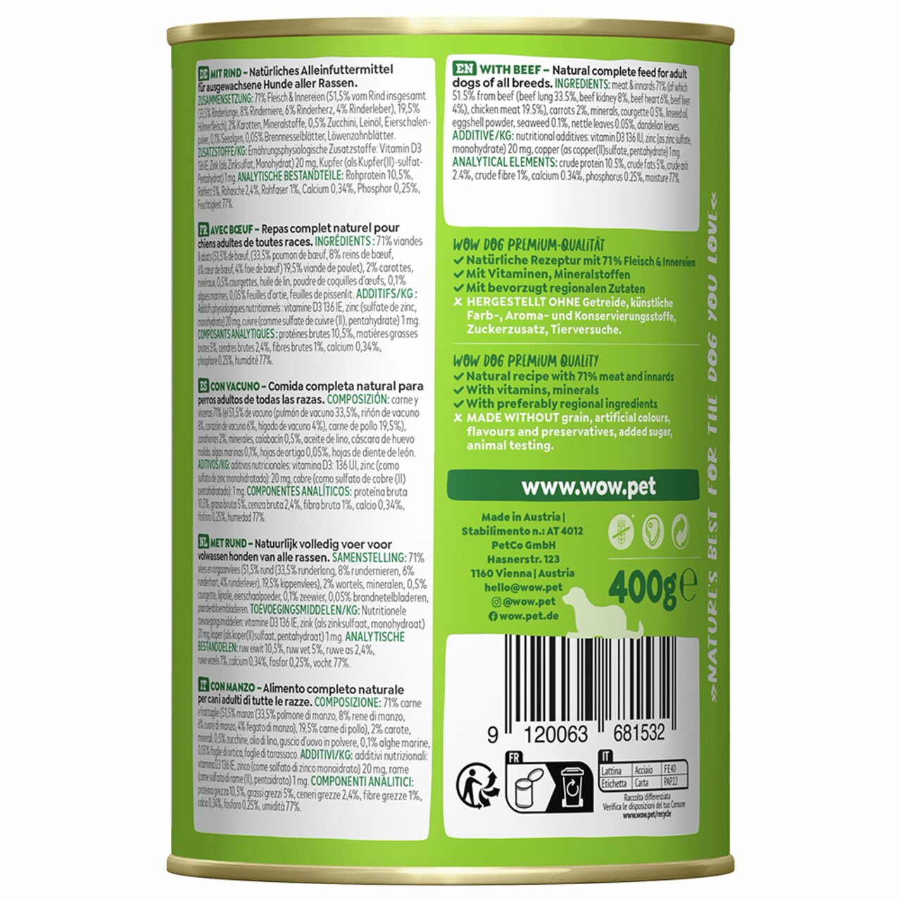 Futterdose WOW DOG mit Rind, für ausgewachsene Hunde, natürliche Rezeptur mit 71% Fleisch, 400 g. Ohne Zusatzstoffe.