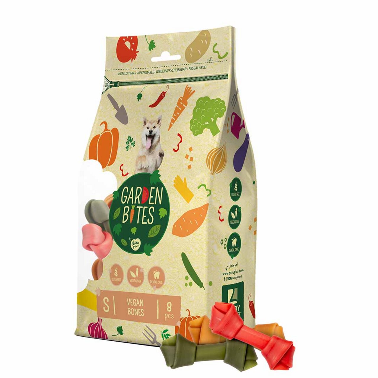 duvoplus Garden Bites vegane Hundesnacks, geeignet für kleine Hunde. Geschmack Gemüse, 8 Stück, zahnfreundlich und getreidefrei.