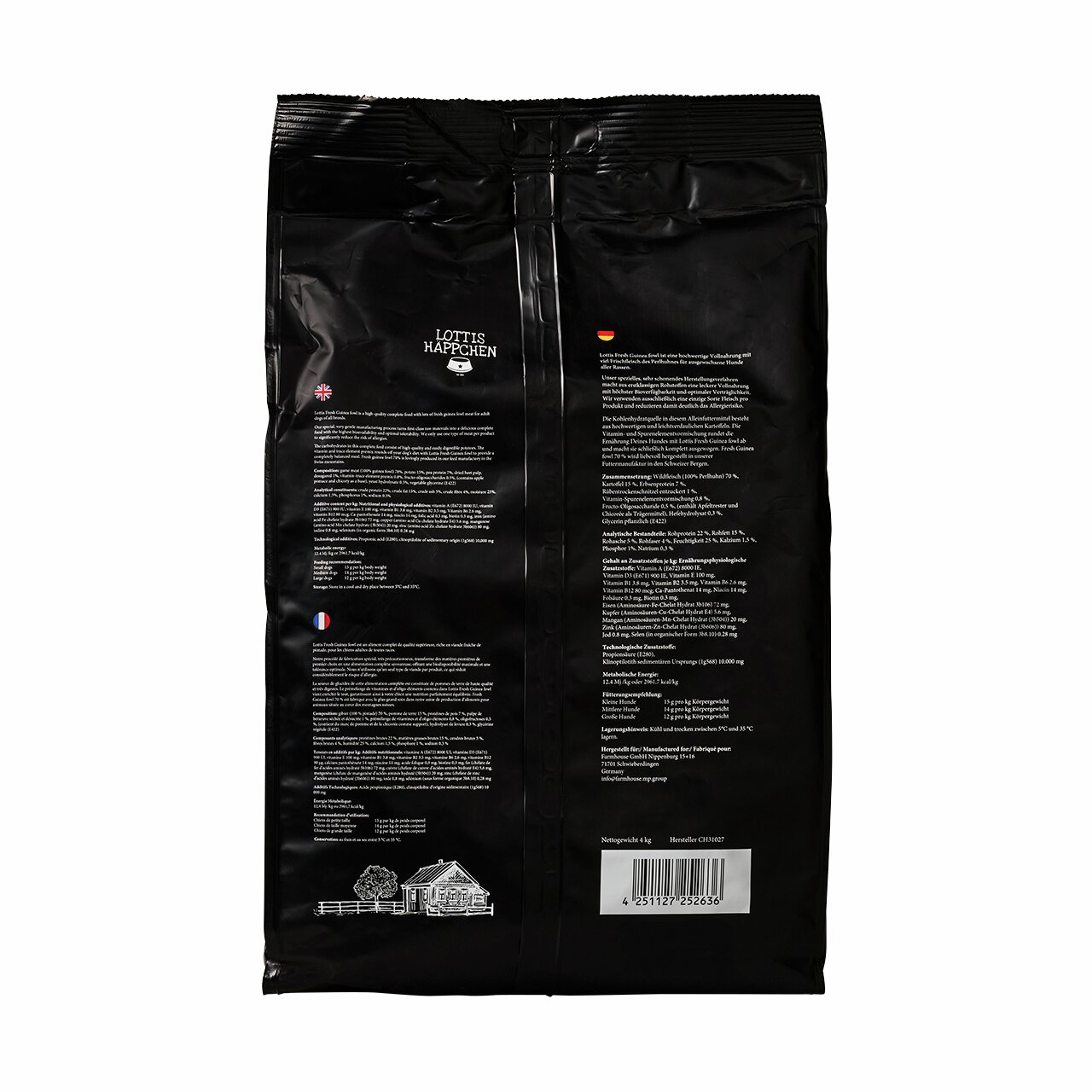 Das Bild zeigt die Rückseite einer schwarzen Verpackung des Produkts „Lottis Häppchen“ mit der EAN 4251127252636. Es handelt sich um ein hochwertiges Hundefutter für ausgewachsene Hunde. Die Verpackung enthält detaillierte Informationen zu Inhaltsstoffen,