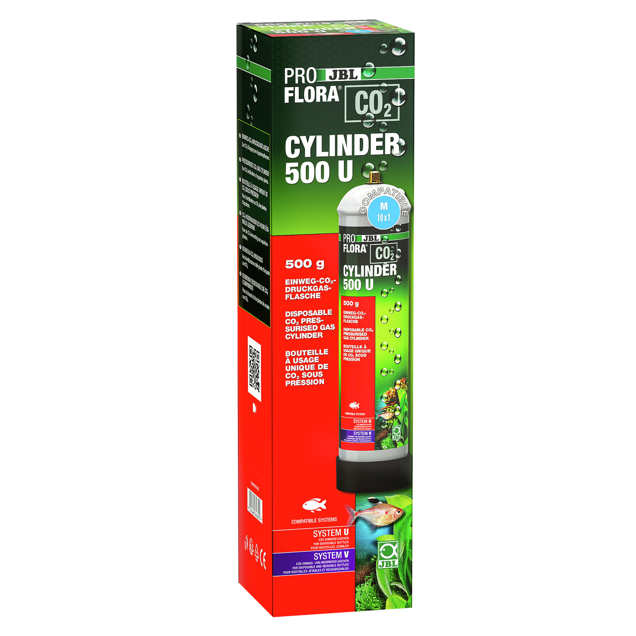 Das Bild zeigt das Produkt JBL ProFlora CO2 Cylinder 500 U, eine Einweg-CO2-Druckgasflasche mit einem Inhalt von 500 g. Es ist speziell für Aquarienpflanzen entwickelt und unterstützt deren gesundes Wachstum durch die Bereitstellung von CO2. Die Verpackun