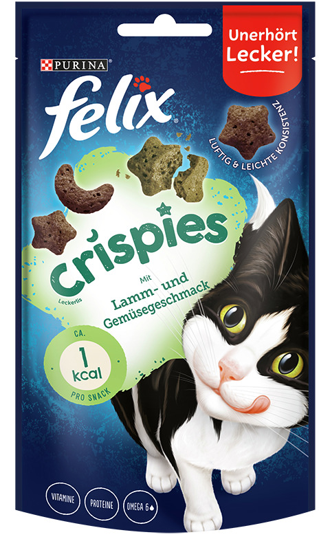 Purina Felix "Crispies", Snack f. Katzen, Lamm+Gemüse, luftige Konsistenz, 1 kcal/Snack, Vitamine+Proteine+Omega 6, "Unerhört Lecker!".