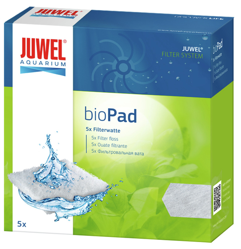 JUWEL bioPad Filterwatte, 5 Stk., für Aquarienbesitzer, effektive Filterung, Verpackung in Blau-Grün mit Wasser- und Pflanzenmotiv.