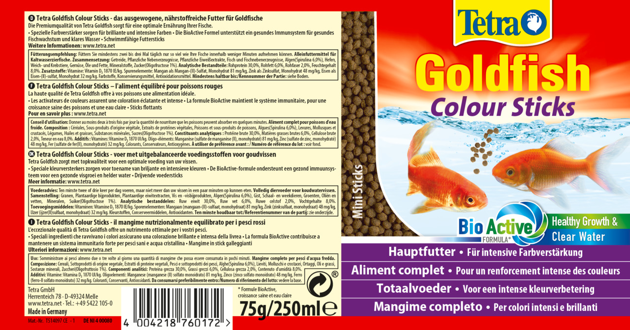 Tetra Goldfish Colour Sticks, Hauptfutter für Goldfische, BioActive-Formel, Farbverstärkung, klares Wasser, 75 g/250 ml.