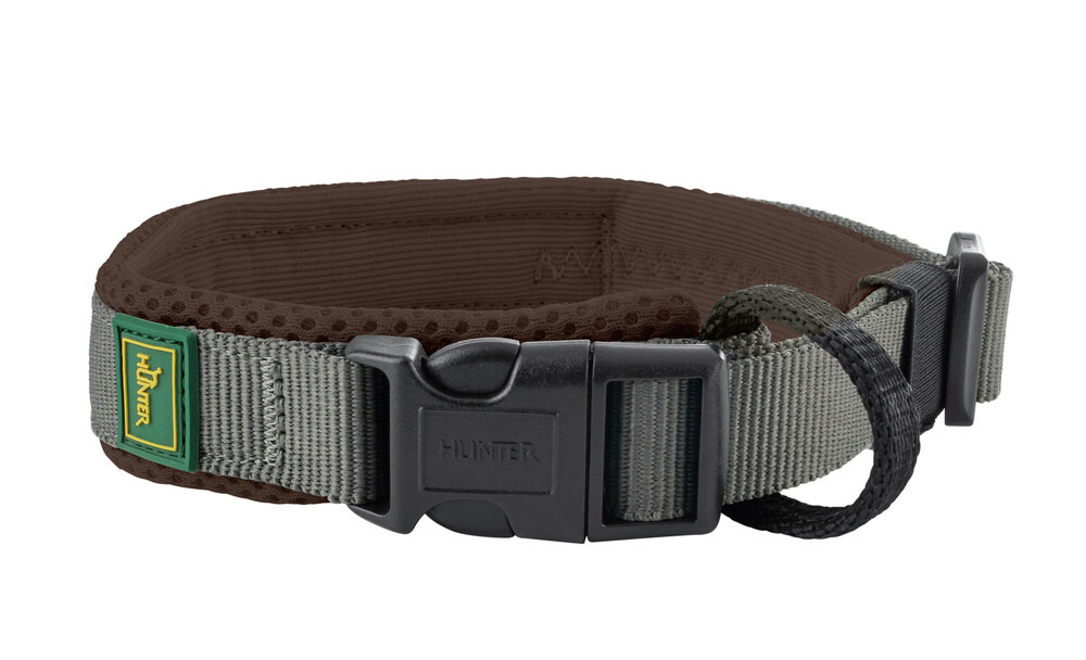 HUNTER Hundehalsband Hilo, Grau mit brauner Polsterung, atmungsaktives Mesh, Klickverschluss, reflektierend, für Hunde.