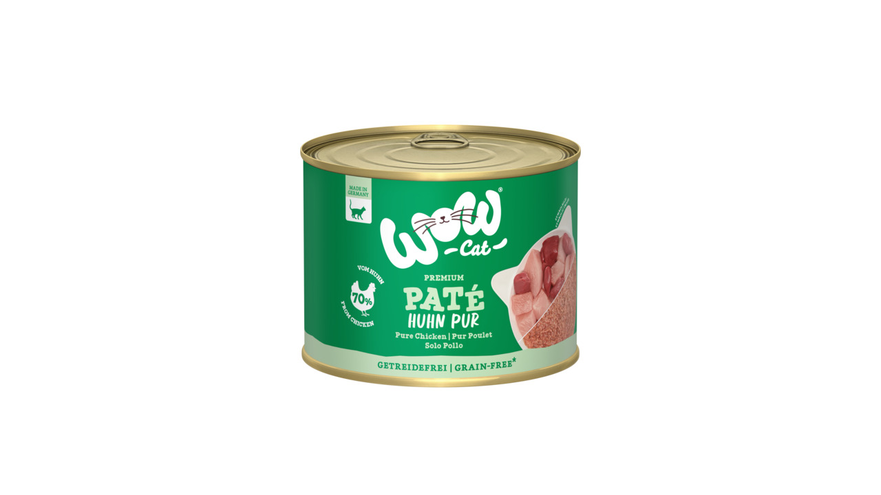 WOW CAT Premium Paté Huhn Pur, erwachsene Katzen, 70 % Huhn, getreidefrei, in DE hergestellt, 200 g, grüne Verpackung, hohe Qualität.